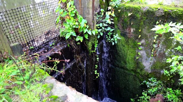 A powerful jet of water bursts from a metal sluice gate structure, creating a dynamic flow. The water noisily rushes into the pond, providing movement and level control.