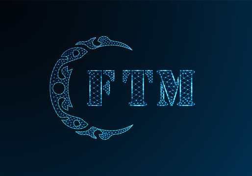 Low poly letter logo FTM design. FTM letter logo low poly vector design on blue color gradient background. FTM logo low poly design