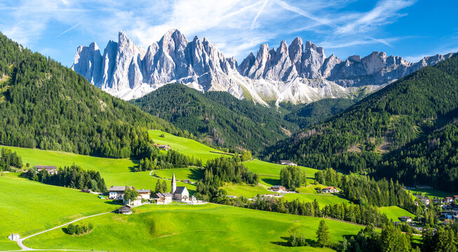 view on Santa Magdalena village in Val di Funes in Dolomites in Italy