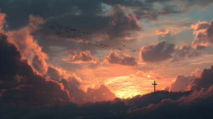 A solitary cross stands silhouetted on a hilltop against a dramatic sunset sky filled with fiery clouds and flying birds