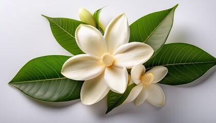 Fototapeta premium White Champaka Flowers And Green Leaves On White Background