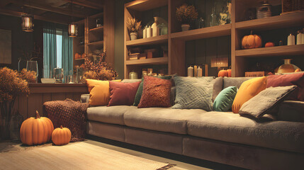 Cozy living room with a comfortable sofa adorned with colorful pillows and pumpkins, evoking a warm autumn ambiance