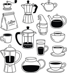 Hand-drawn vintage coffee and tea collection, perfect for menu designs, cafe promotions, and stylish kitchen decor projects, providing a cozy, artisanal feel