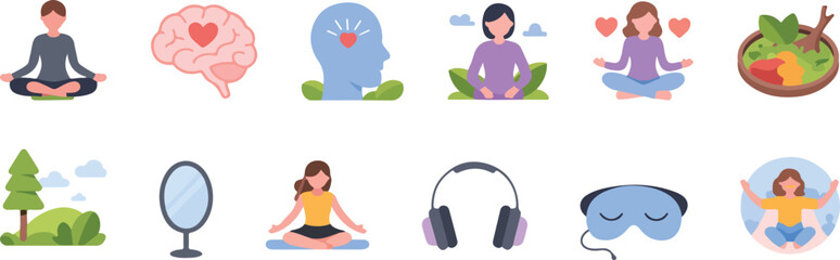 Collection of healthy lifestyle icons representing wellbeing and mindfulness in a vector illustration