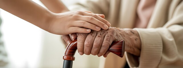 Tender touch of youth on elderly hand holding cane symbolizing care support compassion and intergenerational connection showing respect and love