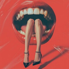 Surreal Image of Legs Emerging from Gigantic Mouth with Red Lips and Teeth in High Heels Abstract Concept Photography