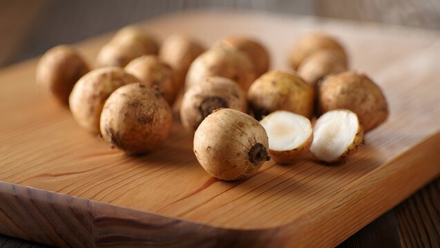 Freshly harvested small potatoes on wooden surface