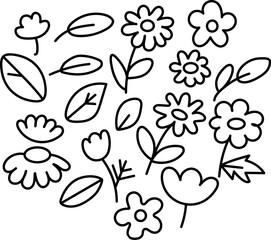 Black and White Flower and Leaf Doodle Set &ndash; Hand-Drawn Botanical Line Art for Coloring Books, Patterns, and Educational Design