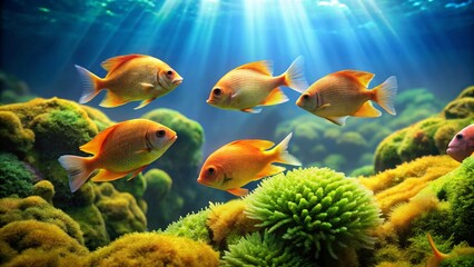 Fototapeta premium Vibrant orange fish swim amidst lush underwater greenery, bathed in sunlight filtering through the water's surface.