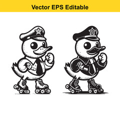Cute cartoon duck police officer on roller skates, isolated on white background