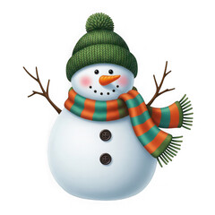A cute snowman wearing a green knitted hat and a striped scarf, isolated on transparent background