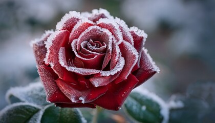 Frost Covered Dark Red Rose Close Up