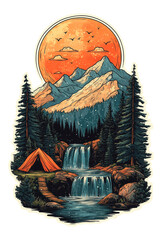 Camping tent and waterfall in mountain landscape illustration isolated on transparent background