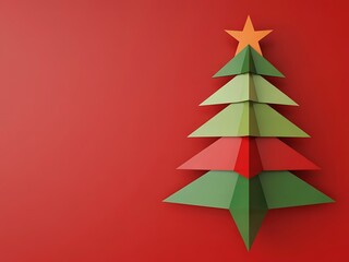Festive Origami Christmas Tree on Red Background for Holiday Greetings and Celebrations offering Space for Text and Christmas Themed Designs