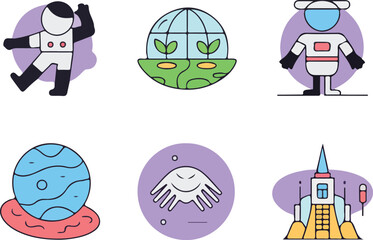 Colorful vector illustrations featuring astronauts alien planet greenhouse and space exploration elements