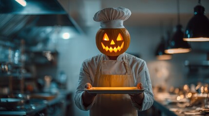 A spooky chef with a jack-o'-lantern head holds a tray in a restaurant kitchen.