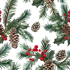 Fototapeta premium Seamless winter pattern with pine branches, cones, holly leaves and red berries, detailed realistic style on a white background, cozy festive Christmas mood, elegant seamless repeat, high resolution.