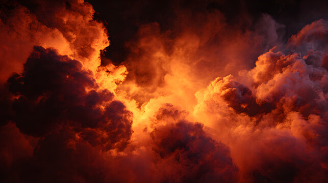 Closeup of dramatic, fiery orange and red storm clouds illuminated by intense sunlight, creating a powerful and turbulent sky