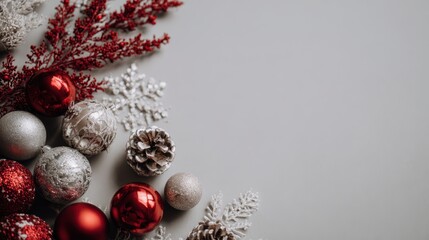 Festive Christmas ornaments and decorations arranged on a gray surface.