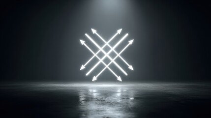Abstract neon arrows in a dark, moody environment