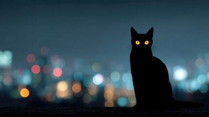 Silhouette of a black cat with glowing eyes against a city lights backdrop at night.