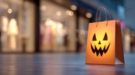 Halloween shopping bag with a carved jack-o'-lantern face in a mall.
