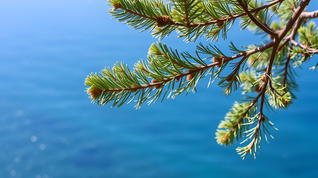 Beautiful nature background with branch of pinus pinaster above the blue sea surface