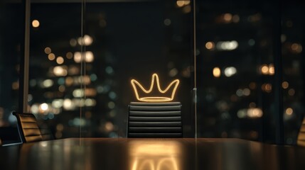 A glowing crown sits atop a chair in a modern office at night.
