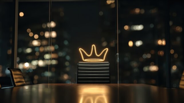 A glowing crown sits atop a chair in a modern office at night.