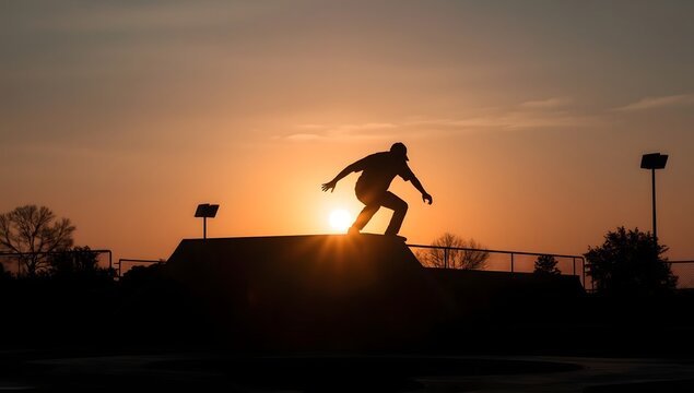 Silhouette of a skateboarder performing a trick at sunset in a skatepark