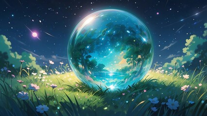 ゲーム背景　キラキラ透明なガラスのような地球をイメージした球体がある風景