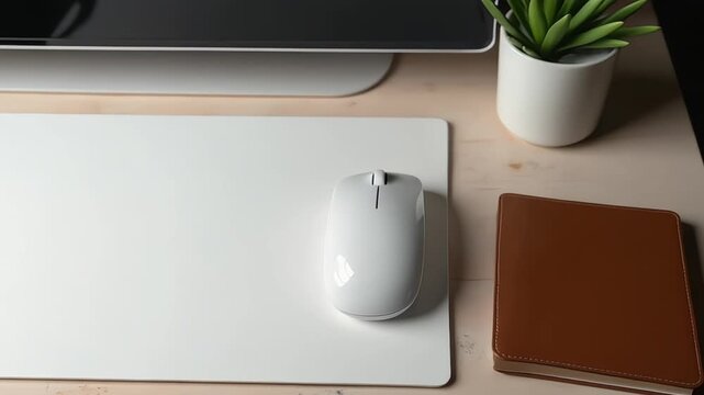 Clean workspace featuring a white mouse and mousepad next to a potted plant and notebook