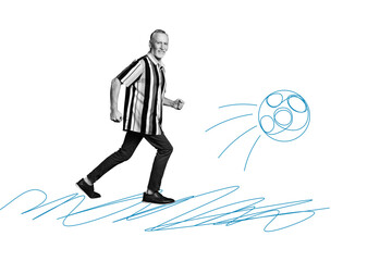 Composite trend artwork 3D sketch image photo collage of copyspace monochrome aged man coach play soccer footbal game outdoors run moving © deagreez