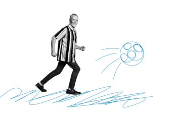 Composite trend artwork 3D sketch image photo collage of copyspace monochrome aged man coach play soccer footbal game outdoors run moving