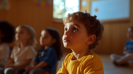 Kindergarten students attentively listening to their teacher in the classroom.
