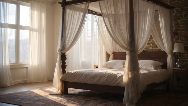 Luxurious bedroom with canopy bed and natural lighting