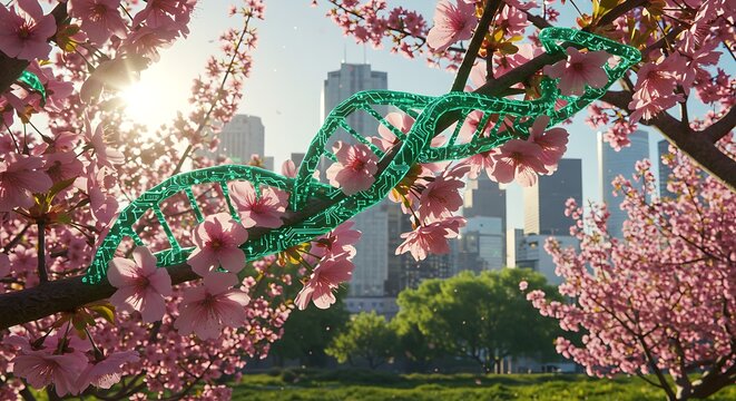 Dna helix displayed over cityscape with cherry blossoms and sunlight - Powered by Adobe