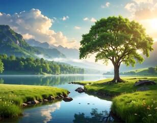 Serene landscape; sunlit lake reflecting mountains, a solitary tree by a stream