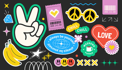 Colorful sticker pack with retro Y2K vibes featuring peace sign, heart, banana, flowers and playful doodles in vibrant pop art style for 90s 2000s design projects festival graphics and trendy decorati