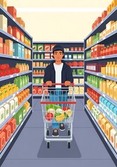 Man Pushing Shopping Cart Filled with Groceries in a Supermarket Aisle