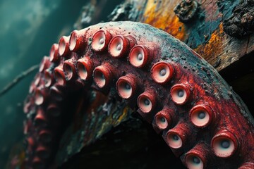 A weathered, red octopus tentacle with prominent suckers clings to a dark, possibly wooden, submerged structure, evoking ancient deep-sea mystery.