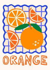 Summer tropical fruit vector illustration. Bold bright poster design with oranges on checkered background in whimsical frame