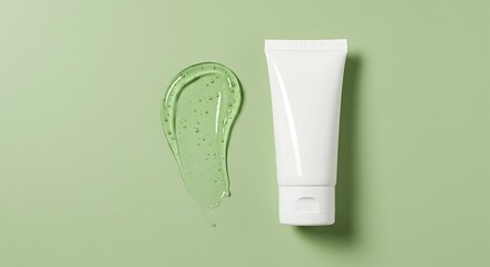 Green peeling aha bha gel swatch and tube on light green background