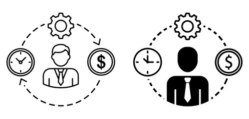 Vector art of time, person, money, and gear, representing productivity and efficiency