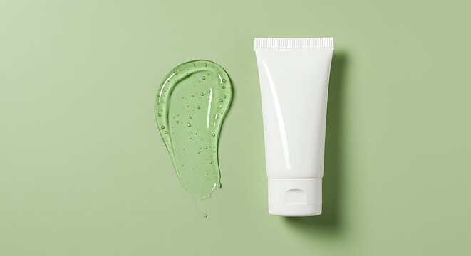 Green peeling aha bha gel swatch and tube on light green background