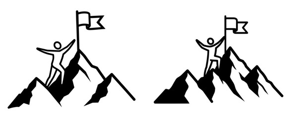 Illustration of a person climbing to the top of a mountain to plant a flag