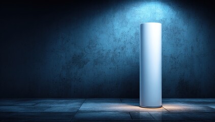Empty cylindrical display object positioned centrally in a dark, industrial setting, highlighted by a spotlight.