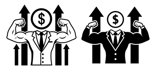 Illustration of a businessman with dollar sign head showing muscles