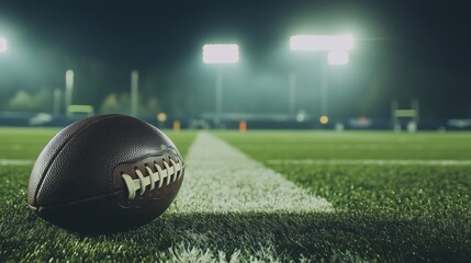 The American football ball lies on the green field of the stadium under the bright light of spotlights at night.