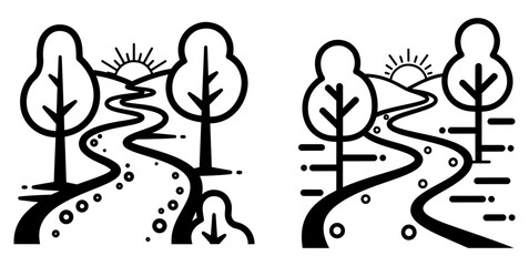Vector art of scenic landscape with river, trees, and sun nature and outdoor adventure